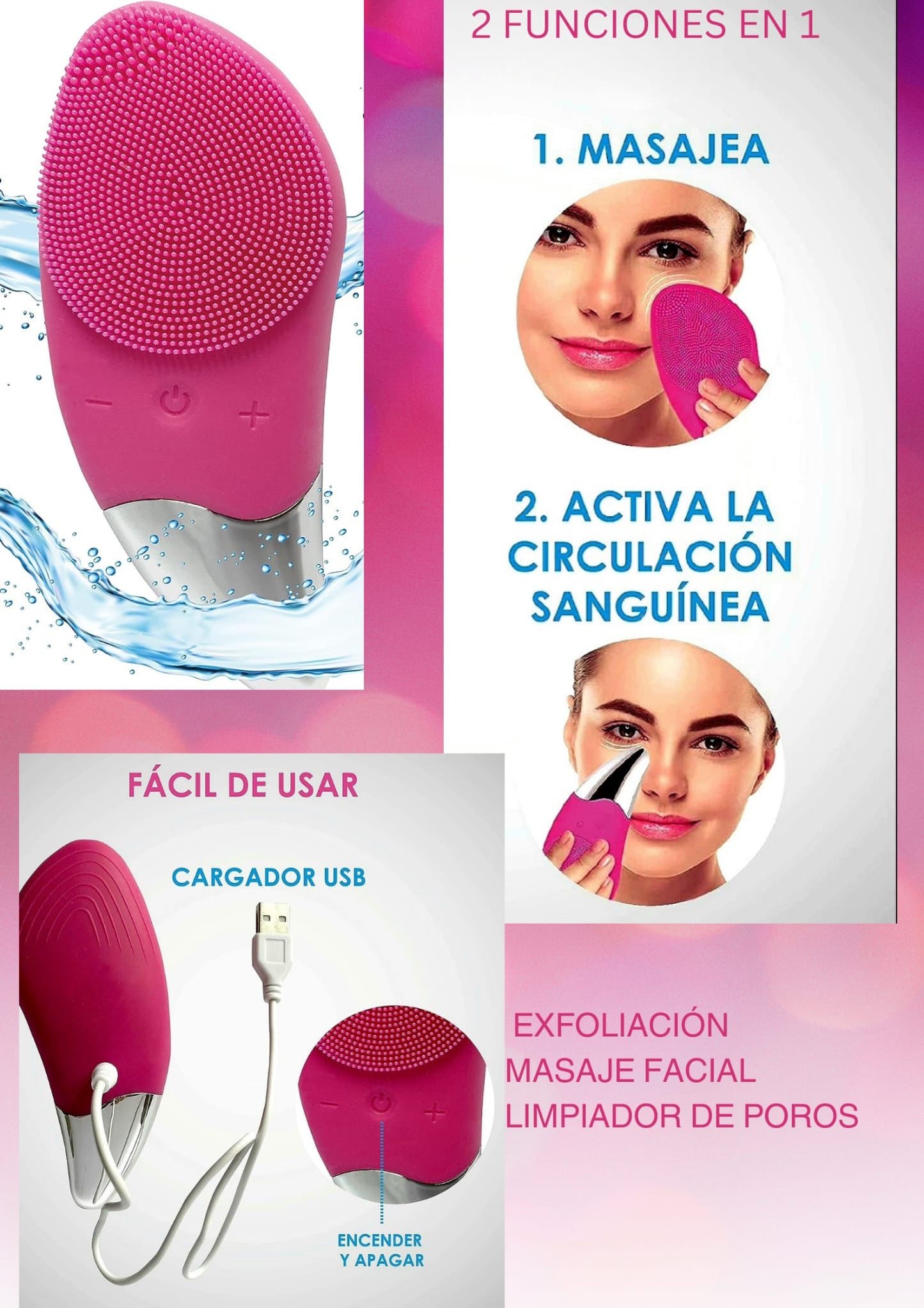 Cepillo Limpieza Facial Silicona Masajeador Eléctrico