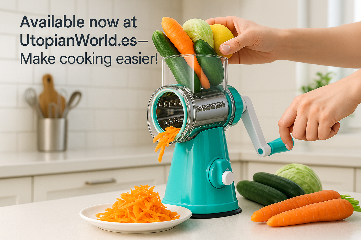 "A bright, modern kitchen. A person places fresh vegetables (carrots, cucumbers, cabbage, lemon) into a colorful rotary vegetable slicer. The camera zooms in as the handle turns smoothly, slicing perfectly thin pieces that fall onto a plate. Close-up shots highlight the different stainless-steel blades. Text overlay: ‘Available now at UtopianWorld.es – Make cooking easier!’"
