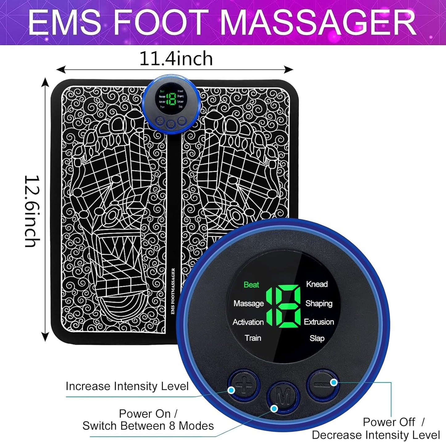 Masajeador de Pies Eléctrico, EMS Foot Massager Masajeador de Piernas Portátil con 8 Modos y 19 Engranajesr, Almohadilla Eléctrica para Masaje de Pies para Aliviar el Dolor y la Circulación Sanguínea