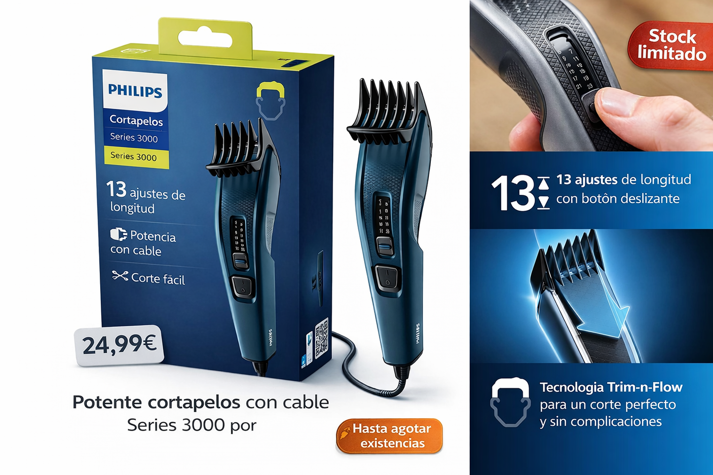 Philips Cortapelos Hombre Serie 3000, Máquina Cortar Pelo, 13 ajustes de Longitud, Cuchillas de Acero, 75 min de uso, Con y sin Cable, Recargable, Peine para Barba, HC3530/15