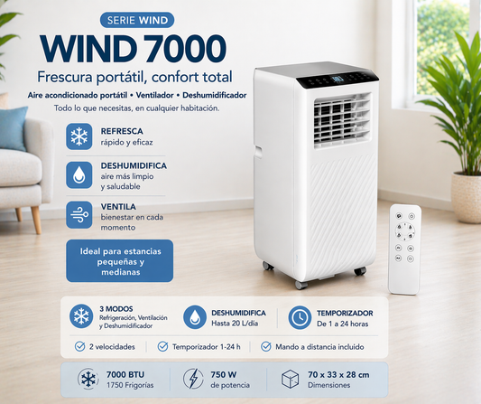 Aire Acondicion.portatil Wind Blanco 7000btu/1750fr 750w 2vel Deshumidificador C/remoto,kit Ventana 70x33x28cm