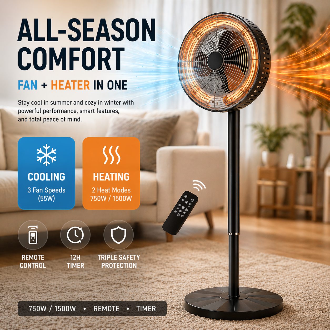 Practical 2in1 Standing Fan Black Hot/Cold 3asp 55w/1500w Remote+timer protection,Regx35x35cm