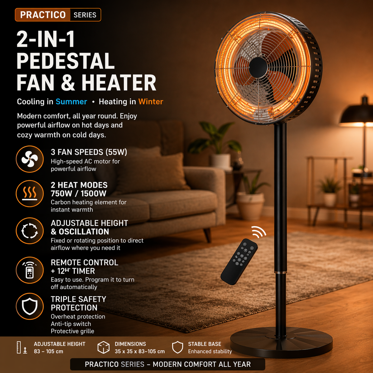 Practical 2in1 Standing Fan Black Hot/Cold 3asp 55w/1500w Remote+timer protection,Regx35x35cm