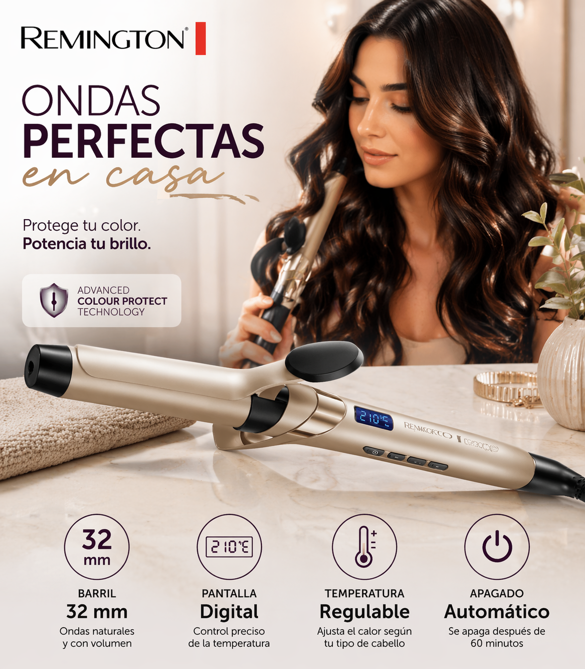 Rizador de pelo, Barril de 32 mm, Punta Fría, Pantalla digital, Temperatura regulable, Apagado automático de seguridad pasados 60 minutos