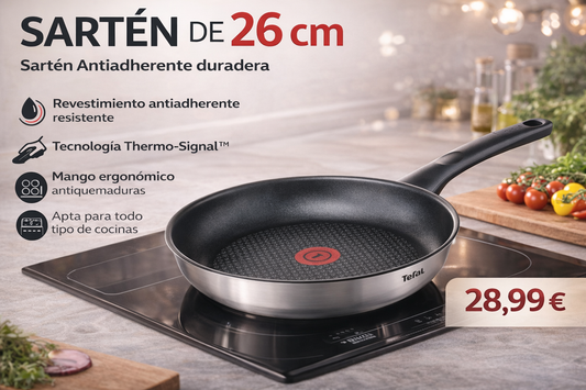 Sartén de 26 cm con revestimiento  resistente, duradero y seguro, Thermo Signal, mango ergonómico antiquemaduras,  apta para todo tipo de cocinas