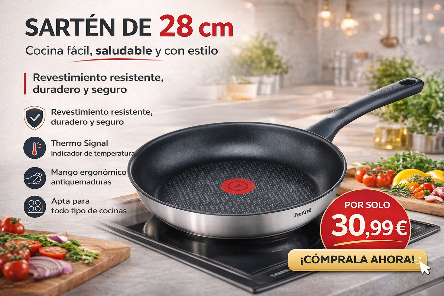 Sartén de 28 cm con revestimiento  resistente, duradero y seguro, Thermo Signal, mango ergonómico antiquemaduras,  apta para todo tipo de cocinas