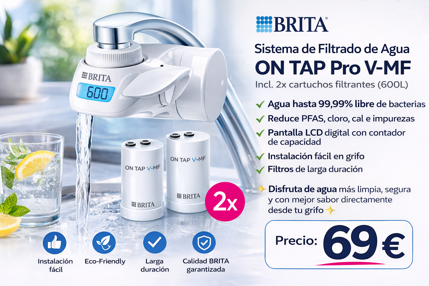 Sistema de filtrado de agua ON TAP  Pro V-MF incl. 2x cartucho filtrante  (600L) - para un 99,99% de agua libre  de bacterias, reduciendo PFAS, incl.  cuenta atrás digital LCD de capacidad