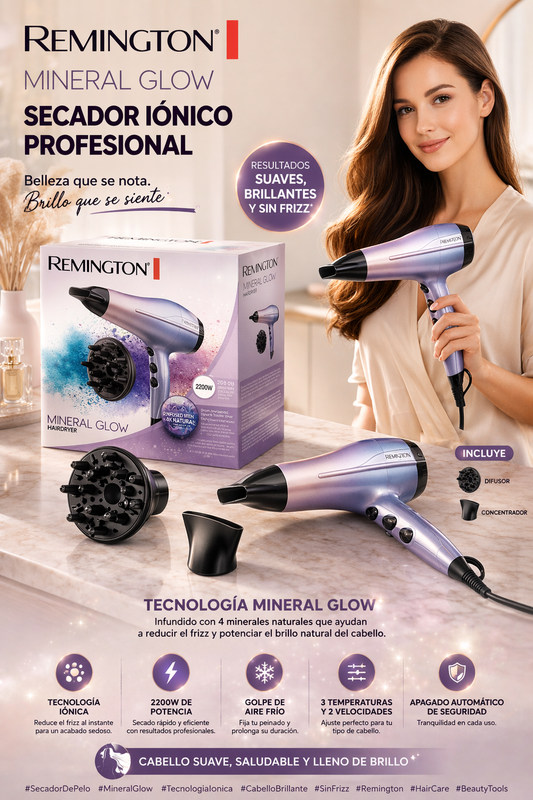 Secador de Pelo Mineral Glow Iónico, Tipo de Motor:DC Accesorios:Incluye difusor y concentrador de boquilla estrecha Golpe de Aire Frío:Ráfaga de aire frío. Longitud de Cable (m, cm):1.8 m Nº de Velocidades:2 Nº de Temperaturas:3
