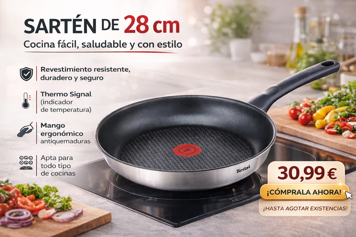 Sartén de 28 cm con revestimiento  resistente, duradero y seguro, Thermo Signal, mango ergonómico antiquemaduras,  apta para todo tipo de cocinas