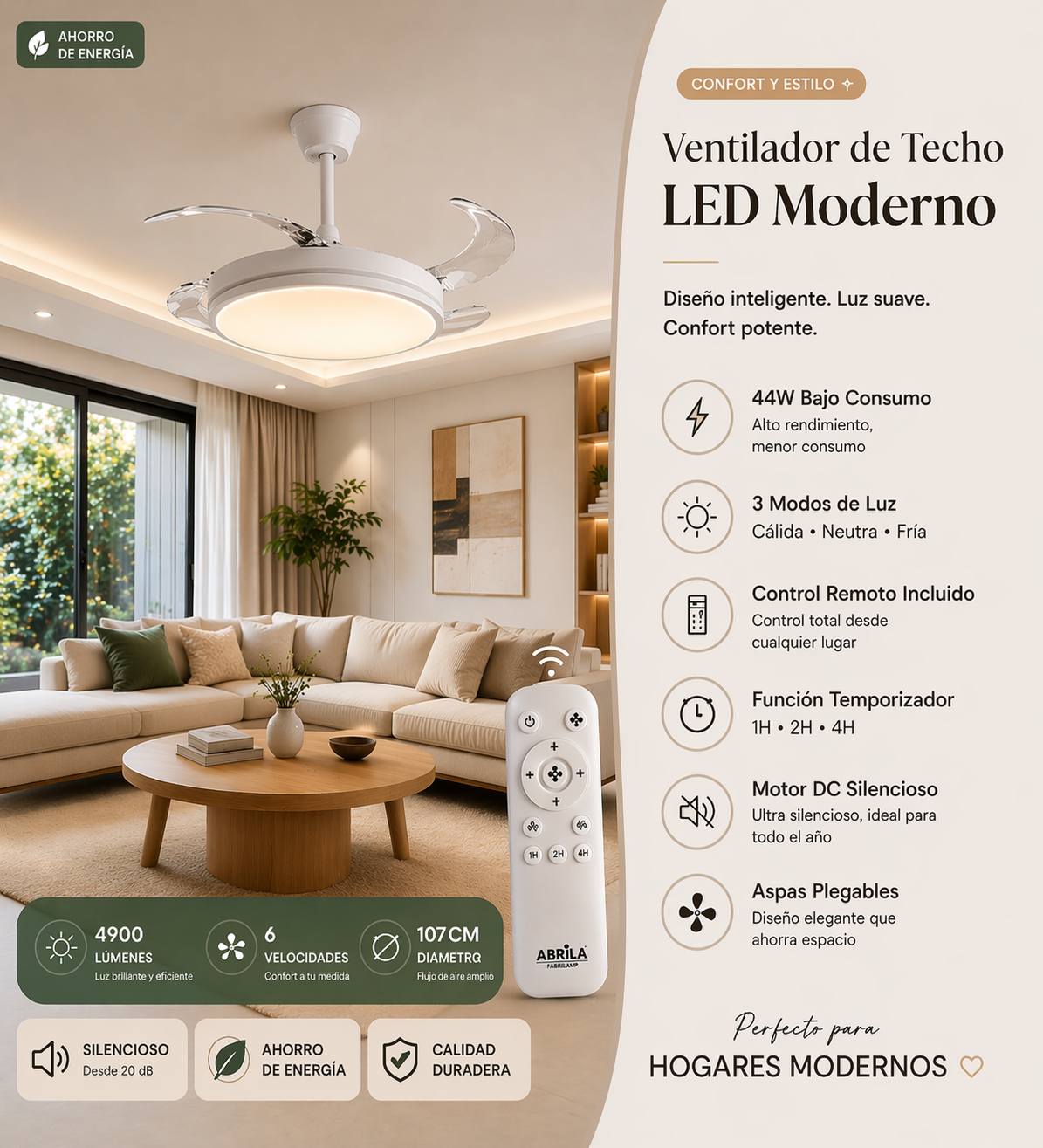 Guerrero DC Fan 44w White 4 blades 107d 4900lm 3500-4000-6500k Remote and Timer