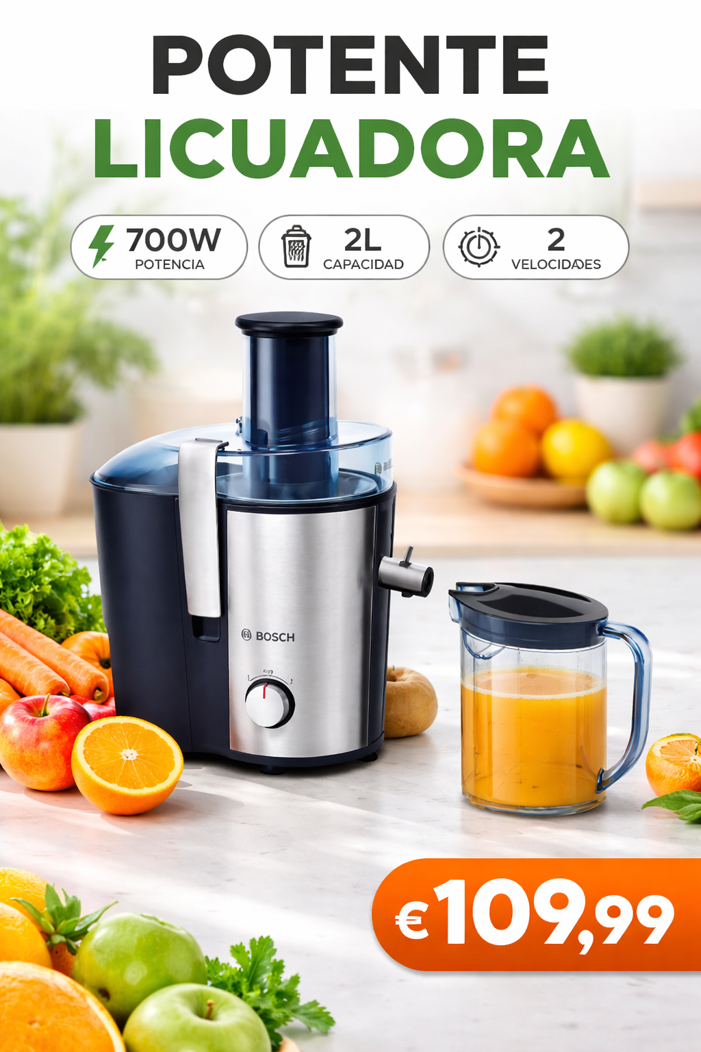 Licuadora 2L, 700W,  0 Decibelios, Stainless  Steel, 2 Velocidades