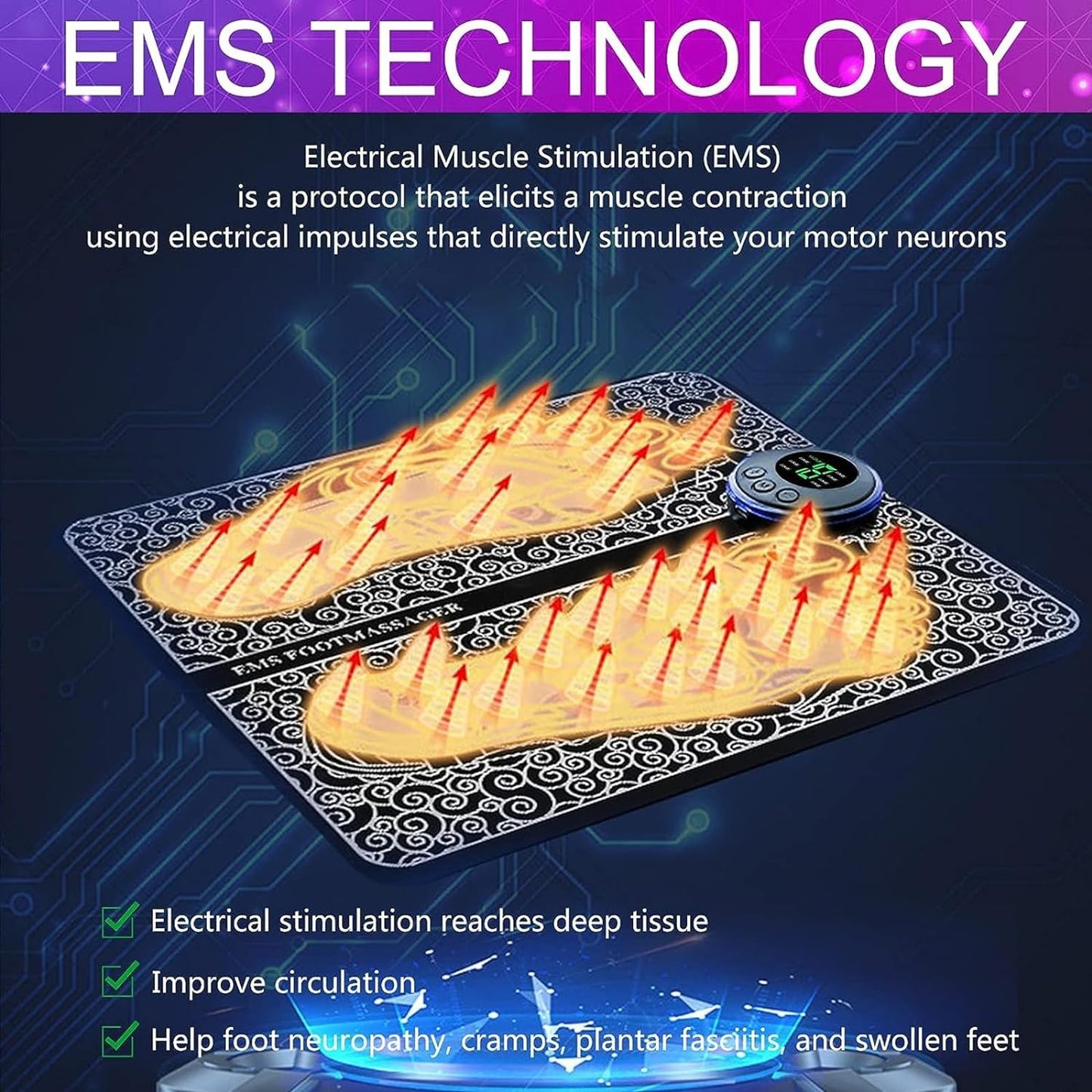 Masajeador de Pies Eléctrico, EMS Foot Massager Masajeador de Piernas Portátil con 8 Modos y 19 Engranajesr, Almohadilla Eléctrica para Masaje de Pies para Aliviar el Dolor y la Circulación Sanguínea