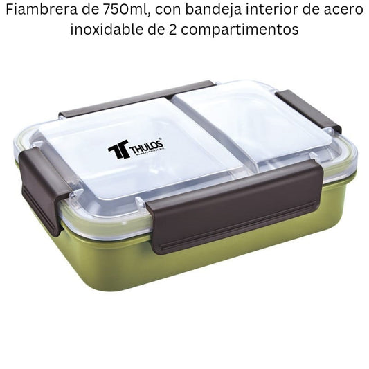 Fiambrera de 750ml, con bandeja interior de acero inoxidable de 2 compartimentos. THULOS TH-LB75