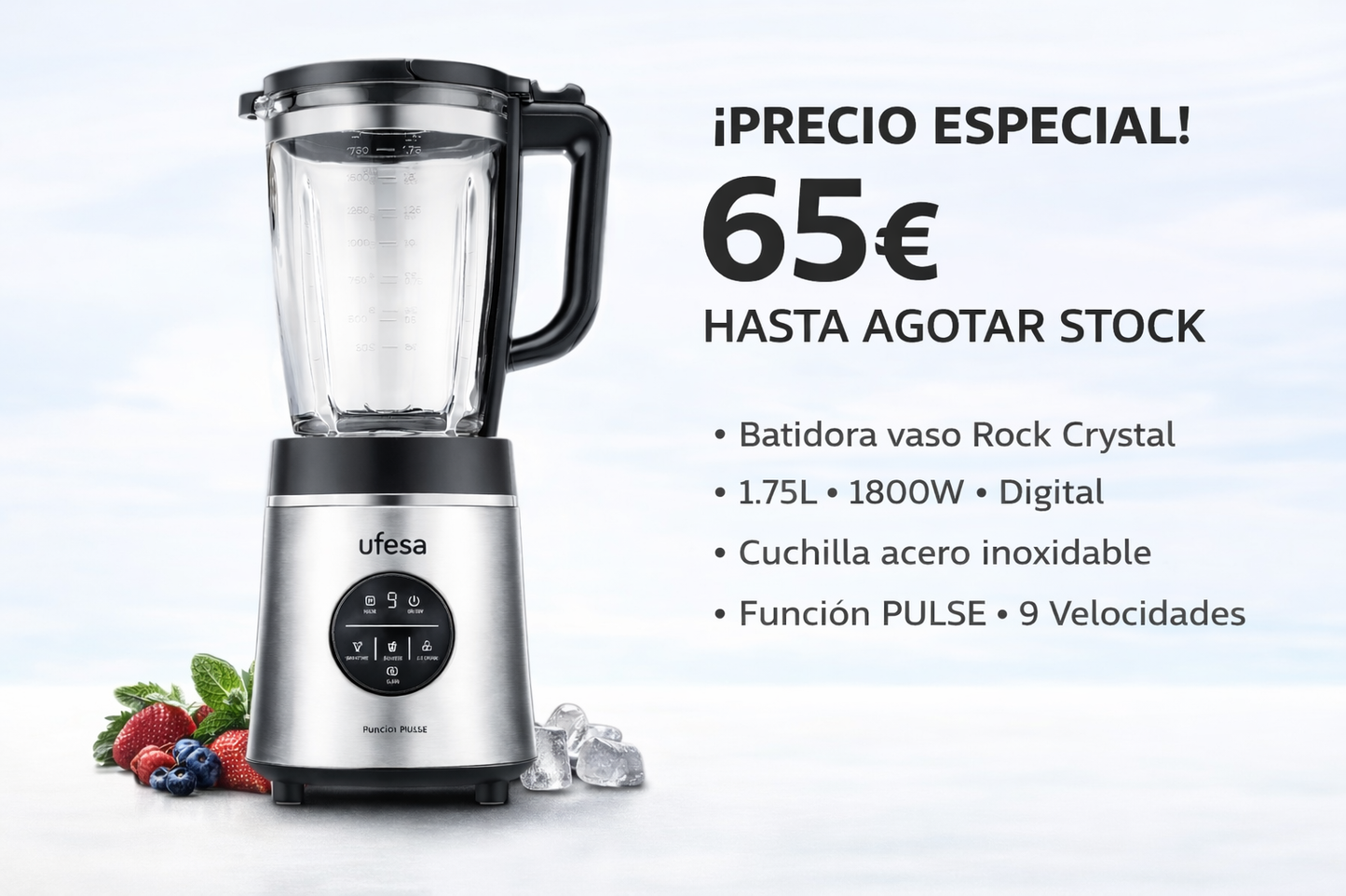 Batidora vaso Rock Crystal 1.75L 1800W, Digital, Cuchilla acero inoxidable, Función PULSE, 9 - Velocidades.